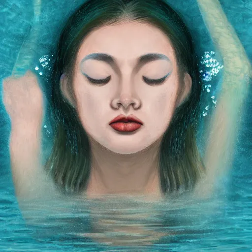 Image similar to A woman submerged underwater, you can only see her face from an aerial view with lily pads surrounding her as her hand reaches out to you, artistic digital art, very opaque, gloomy style, oil paints and pastel highlights, trending on artstation, artstationHD, artstationHQ, 4k, 8k