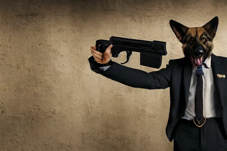 Prompt: film still of the main character furry anthro anthropomorphic german shepard head animal person fursona wearing clothes a suit and tie standing holding a pistol in the garage scene in an action movie posing for the camera 2020, 4k