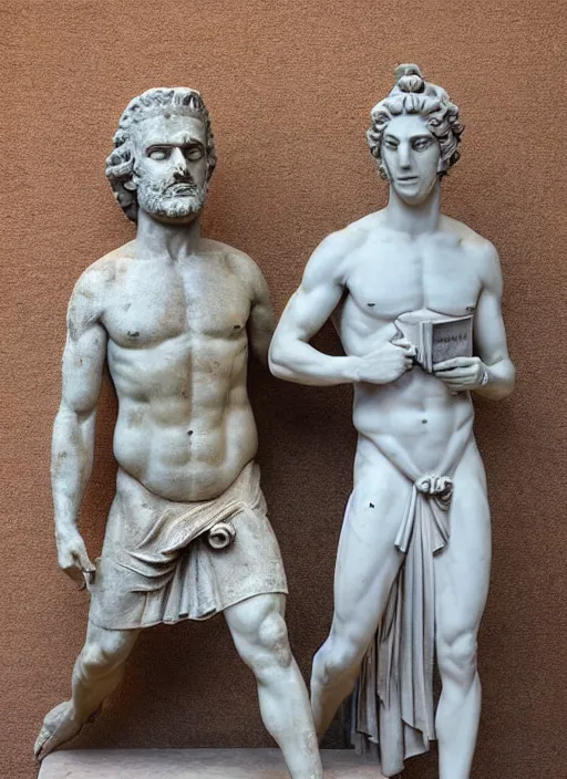 Image similar to ancient greek statue of Rick and Morty. There is a plaque at the base of the statue providing information.