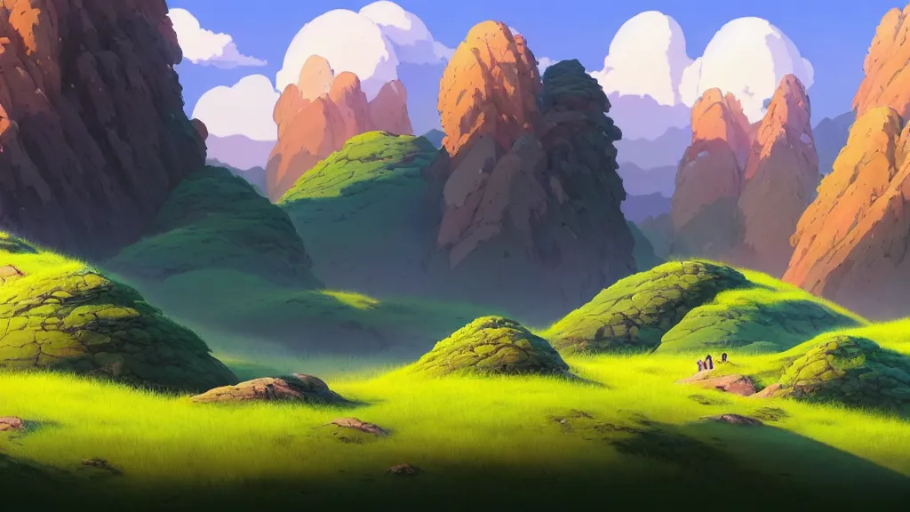 Image similar to hills and mountains landscape, studio ghibli, pixar and disney animation, sharp, rendered in unreal engine 5, highly detailed, digital painting, artstation, concept art, smooth, sharp focus, illustration, wide angle, artbook, wallpaper, splash art, promo art, dramatic lighting, art by artgerm and greg rutkowski and bo chen and jin xiaodi