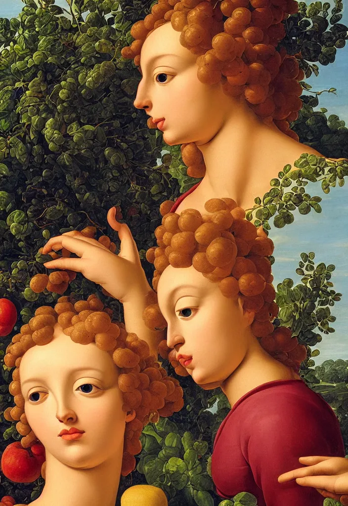 Prompt: men and women, closeup portrait, garden with fruits on trees, ultra detailed, liquid gold, Guido Reni style