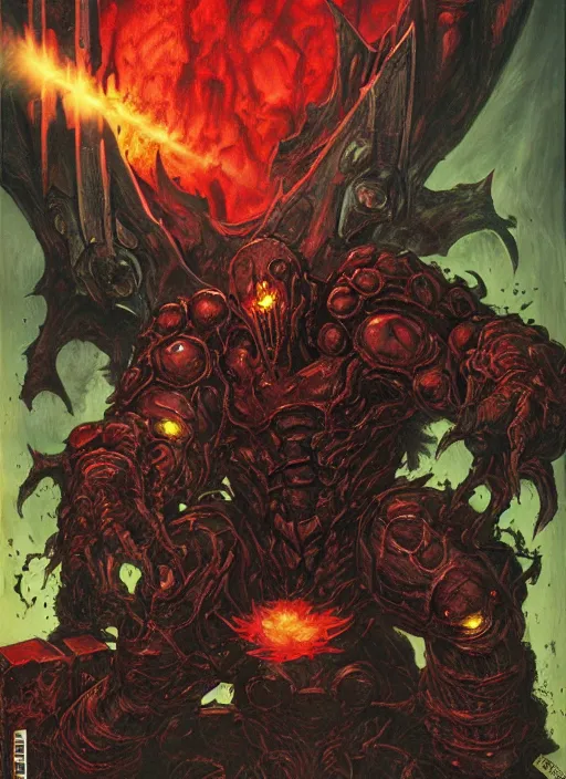 Image similar to ( doom ) box cover featuring hellknight by kenneth scott and idsoftware