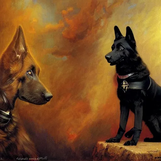 Prompt: a portrait of a man depicted as a black german shepherd dogman canine, star trek the next generation. highly detailed painting by gaston bussiere, craig mullins, j. c. leyendecker