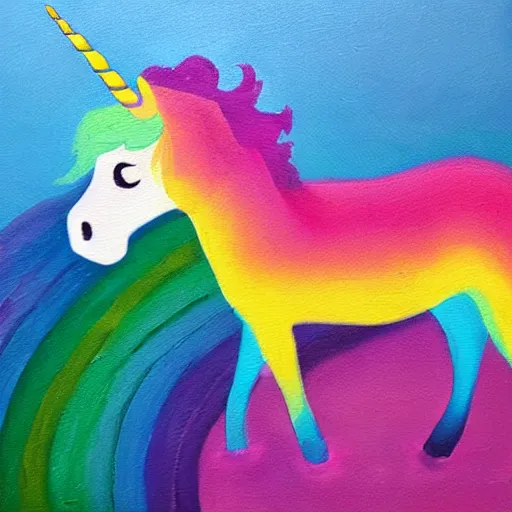 Prompt: unicorn walking on a rainbow, in the style of caravagio, oil painting