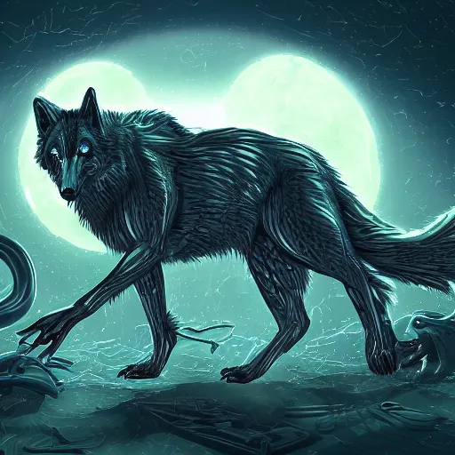 Image similar to cybernetic neo - predator mind transfer : wolf - like creatures running impossibly fast through the night, hunting prey and reveling in their machine - aided supremacy over any natural creature, sci - fi fantasy illustration