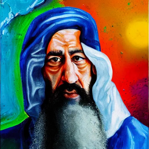 Prompt: abstract painting of ian mckellen as osama bin laden in a dark hood fighting an alien invasion in deep space by creatures from jupiter, arial shot, highly detailed, award painting, 8 k