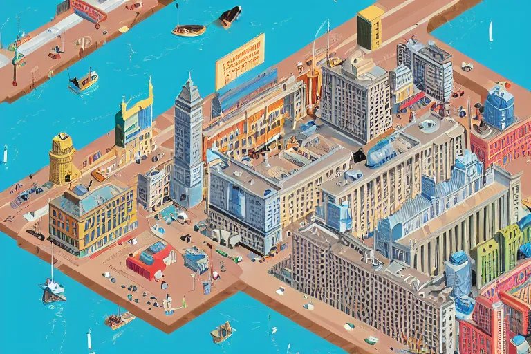 Image similar to highly detailed isometric illustration of a city scape by Wes Anderson, hyperrealistic, photorealistic, artstyle, highly detailed, sharp