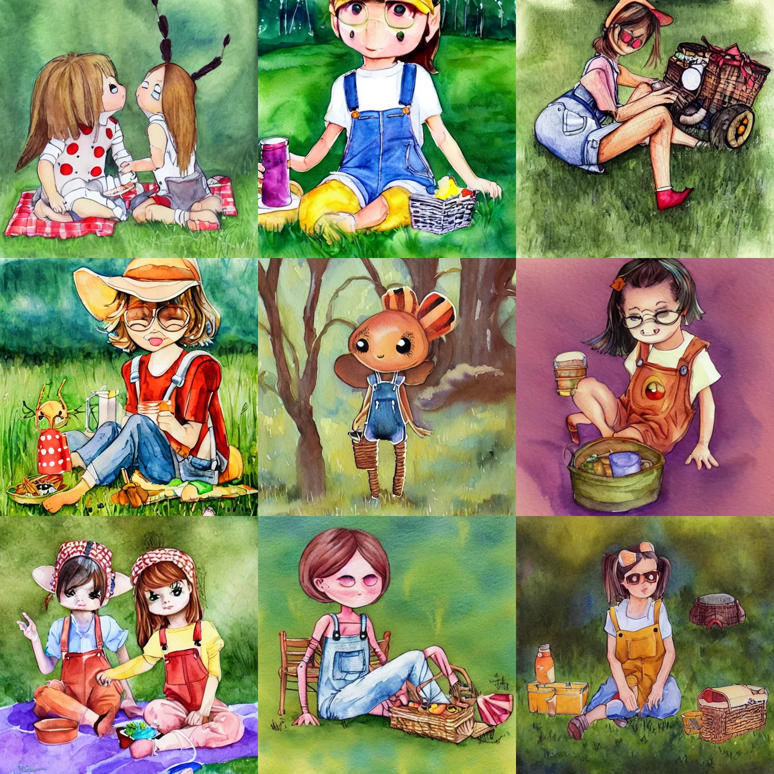 Prompt: wholesome anthro insect ant girl overalls picnic, cottagecore girlfriends, trending on pintrest, golden hour, watercolor