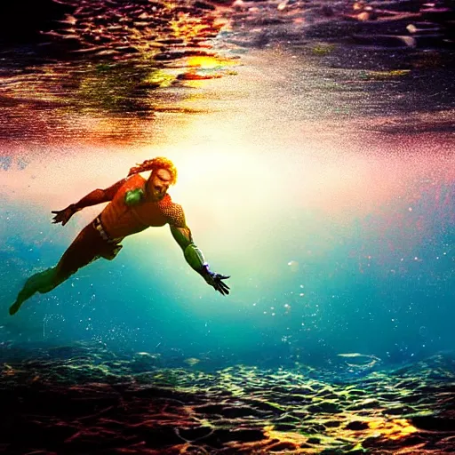 Image similar to aquaman breaking the surface of the water, underwater photography with light scattering and water refractions, smooth