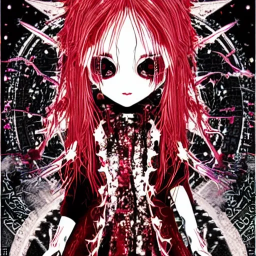 Image similar to spiked korean bloodmoon sigil stars draincore, gothic demon hellfire hexed witchcore aesthetic, dark vhs gothic hearts, neon glyphs spiked with red maroon glitter breakcore art by guro manga artist Shintaro Kago | baroque bedazzled gothic royalty frames surrounding a pixelsort emo demonic horrorcore japanese yokai doll, low quality sharpened graphics, remastered chromatic aberration