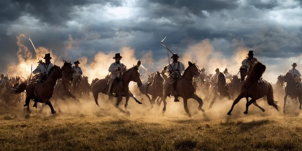 Image similar to promotional movie still of an action shot from the battle of little bighorn, custer's last stand, majestic horses, desperate action, dramatic hdr natural light, cinematic lighting, extremely high detail, photorealistic, imax 7 0 mm, iso 4 0 0, 8 k, 4 k, hq