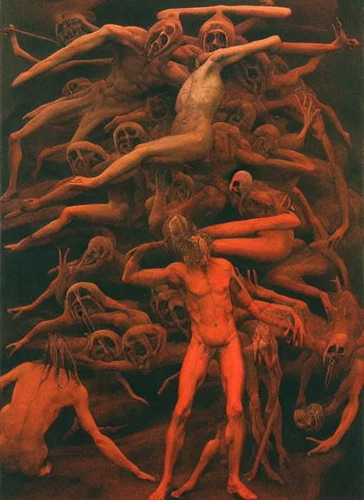 Prompt: the seventh circle of hell from dante's divine comedy. highly detailed painting by zdzisław beksinski and henry fuseli. 8 k