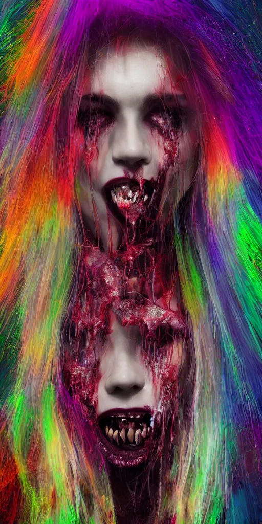 Image similar to impossibly beautiful vampire with large vampire fangs, full body, intricate complexity, horror, psychedelic glitch art, rainbow drip paint, trending on art station, photoreal, 8k, octane render