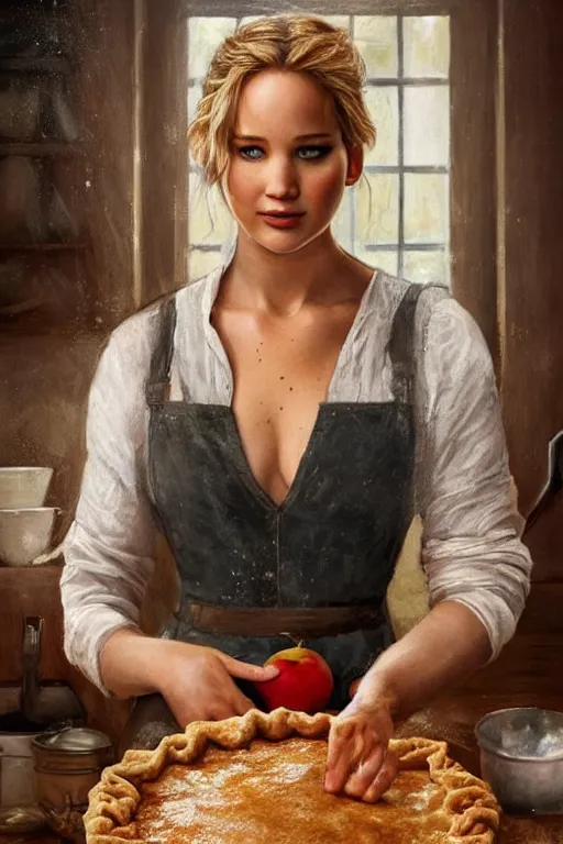 Image similar to romanticism painting of ( ( jennifer lawrence ) ) in a rustic style kitchen, baking apple pie, symmetrical face, beautiful eyes, cottagecore, artstation, 8 k, highly detailed