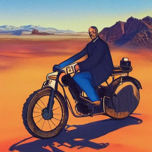 Image similar to a picture of vladimir lenin riding a motorbike, desert road, blue skies, realistic