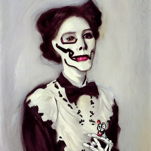 Prompt: painting portrait young woman skeleton, hello kitty, elegant, highly detailed, art by Singer Sargent