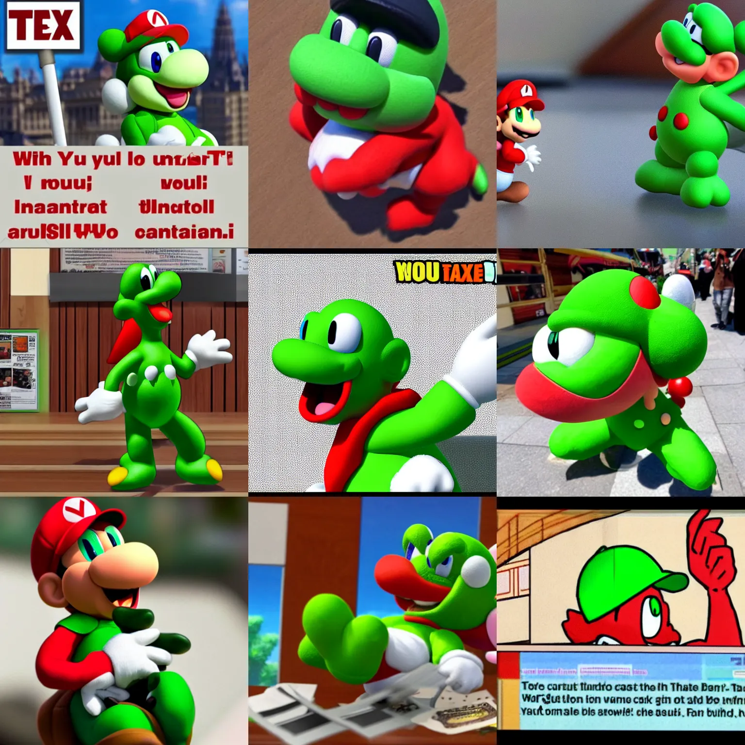 Prompt: yoshi commits tax fraud, busted by irs, financial crimes, nintendo doesn't want you to see this image