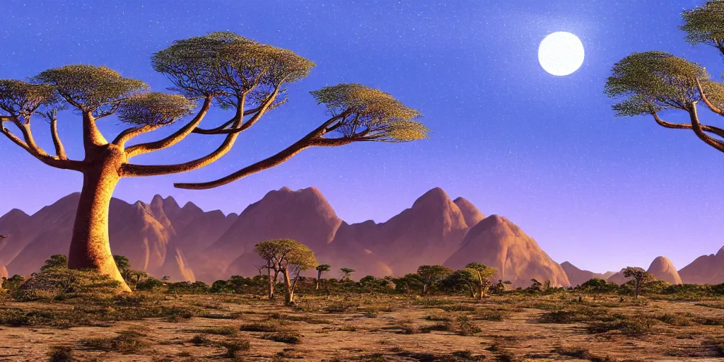 Prompt: a Malagasy dream landscape with baobab trees and snowy mountains in the background in the evening, film still, concept art, digital drawing, highly detailed depth of field