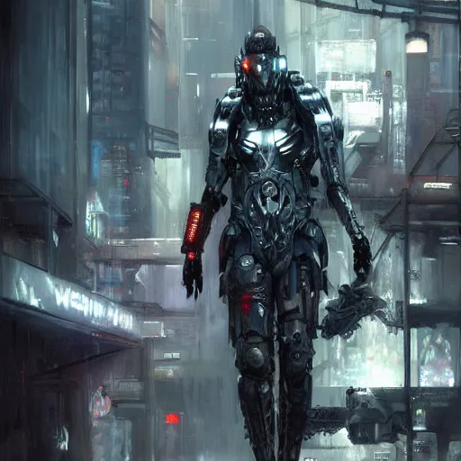 Prompt: grey wolf, painting by Raymond Swanland, cyberpunk, sci-fi cybernetic implants hq