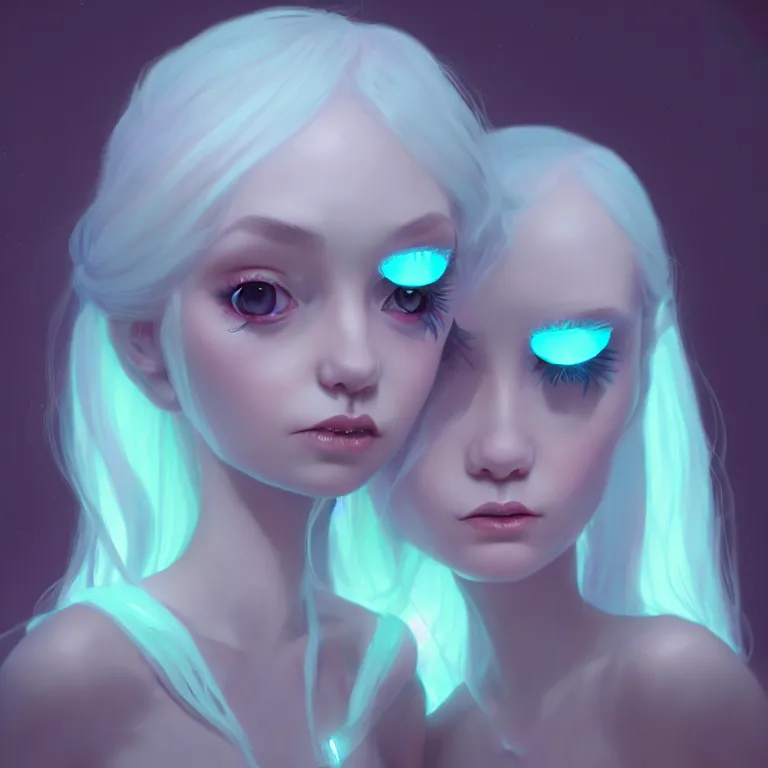 Image similar to super cute Bioluminescent twins gothic lolitas character concept, soft light, soft mood, realistic body features and face, illustration, painting oil on canvas by Elena Zhurikhina and Goro Fujita and Charlie Bowater, octane render trending on artstation, 4k, 8k, HD