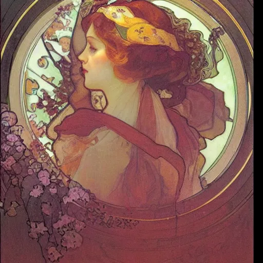 Image similar to beautiful woman's sideface, beautiful background, by alfons maria mucha, highly detailded