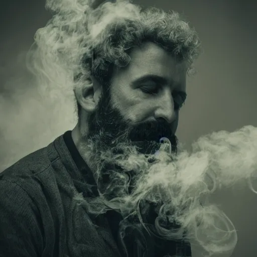 Prompt: rugged man made of swirling smoke and tendrils of fog, ivy curls around him