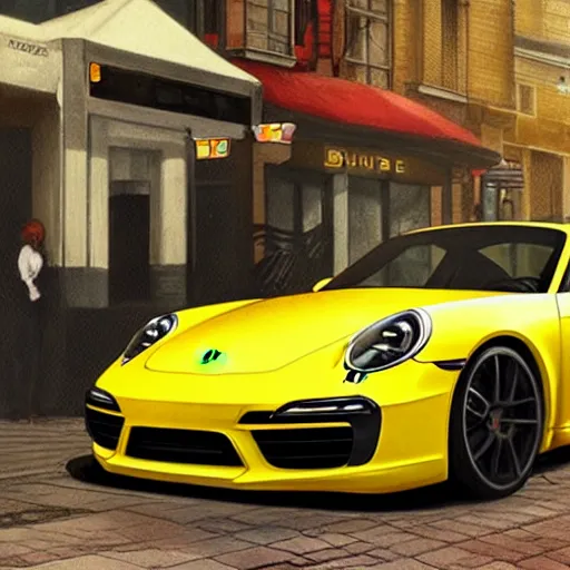 Image similar to Yellow Porsche 911 Carrera 3.2 parked in front of a Bondi Cafe, highly detailed, digital painting, artstation, concept art, smooth, sharp focus, illustration, art by artgerm and greg rutkowski and alphonse mucha