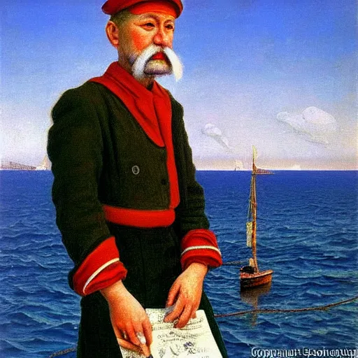 Image similar to painting of sailor boy hyperrealism vasily vereshchagin at harbor