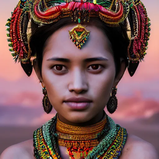 Image similar to portrait of a stunningly beautiful alluring and attractive nepalese tribal female maiden, depth of field, zeiss lens, detailed, symmetrical, centered, fashion photoshoot, by annie leibovitz and steve mccurry, david lazar, jimmy nelsson, breathtaking, 8 k resolution, extremely detailed, beautiful, establishing shot, artistic, hyperrealistic, beautiful face, octane render