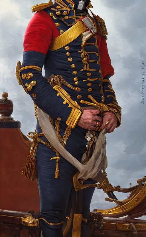 Prompt: Portrait of a napoleonic admiral on the deck of a ship, male, detailed face, 19th century, highly detailed, cinematic lighting, digital art painting by greg rutkowski