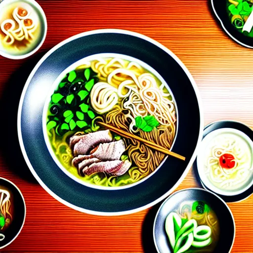 Image similar to flatlay realistic photo of delicious pho, ramen, aesthetic table cloth, highly detailed, cinematic light, masterpiece, 8 k hd, award winning, artstation,