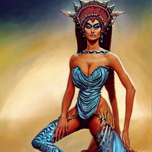 Image similar to alluring byzantine aztec concubine dressed in gauze, science fiction concept art by boris vallejo