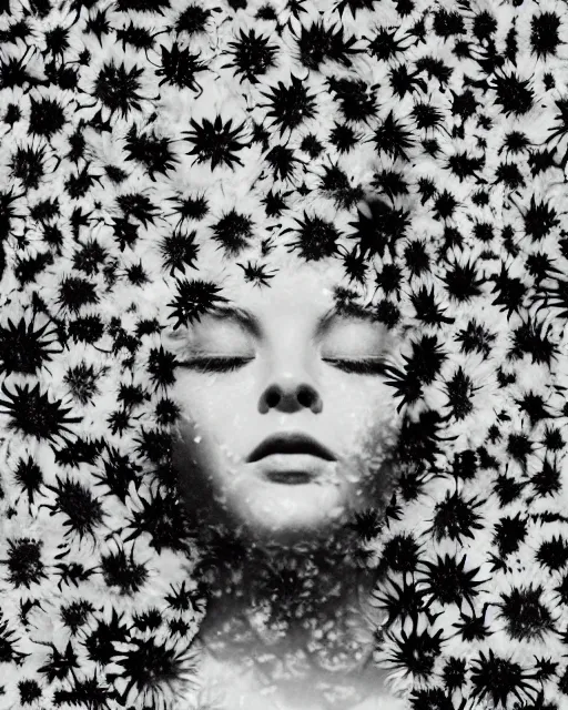 Image similar to oversaturated, burned, light leak, expired film, photo of a woman's serene face submerged in a flowery milkbath, rippling liquid, vintage glow, sun rays, monochrome, glitched pattern