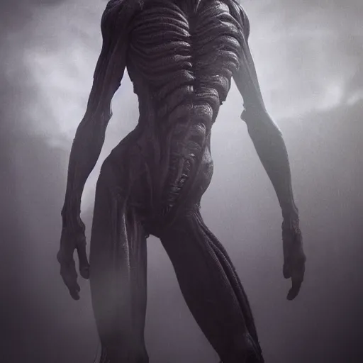 Image similar to beautiful xenomorph girl in the style of giger, ground fog, moody lighting, 8 k, lightning, shallow depth of field, cinematic lighting,