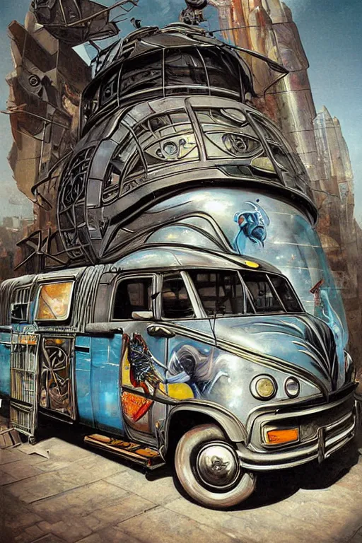 Prompt: futuristic old van mural by victor calleja bayard wu