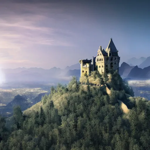 Image similar to a photo of a castle covered by nature, cinematic, very detailed, 8 k uhd, mountains in the horizon