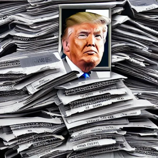 Prompt: photo of donald trump buried beneath a massive pile of classified documents and files, hd, 4 k