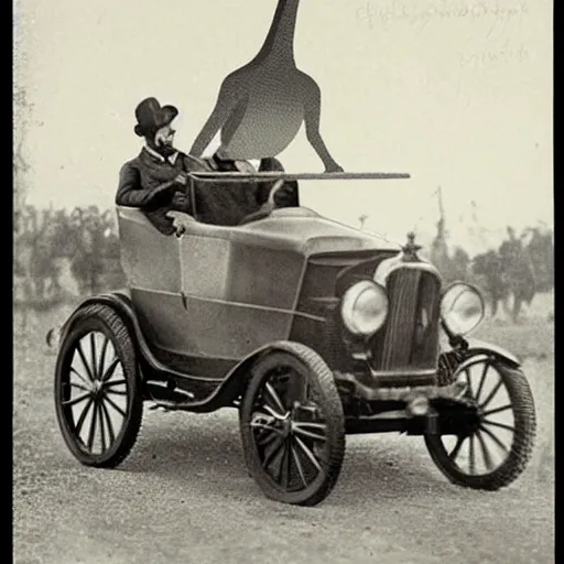 Prompt: unextincted humanoid dinosaurs driving cars, victorian photo