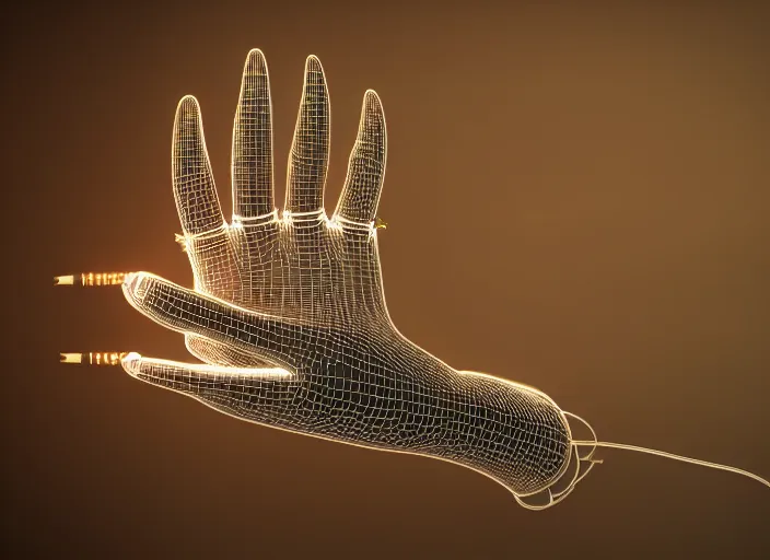 Prompt: a 3D render of a metallic hand made of shiny metal, cyborg cyberpunk with lights and electricity and wires, bokeh, Canon 50mm, cinematic lighting, volumetric light, octane, octane render, redshift render