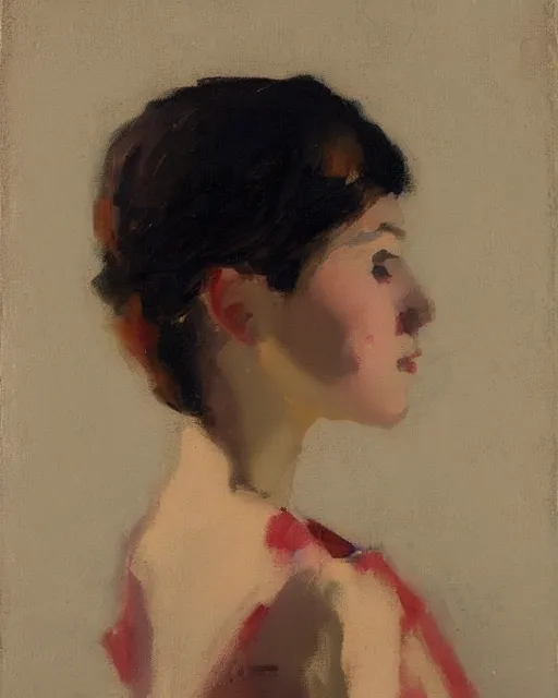 Image similar to portrait of a young girl in profile, painting by malcolm liepke