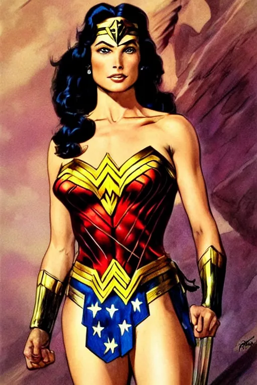 Image similar to a stunning portrait of wonder woman, fantasy art by Frank Frazetta and Boris Vallejo, highly detailed, trending on artstationhq