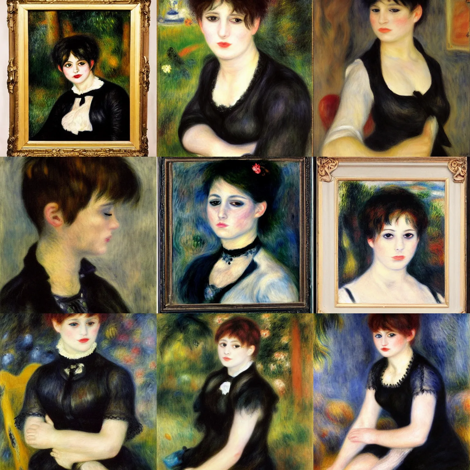 Prompt: A goth painted by Pierre-Auguste Renoir. Her hair is dark brown and cut into a short, messy pixie cut. She has a slightly rounded face, with a pointed chin, large entirely-black eyes, and a small nose. She is wearing a black tank top, a black leather jacket, a black knee-length skirt, a black choker, and black leather boots.