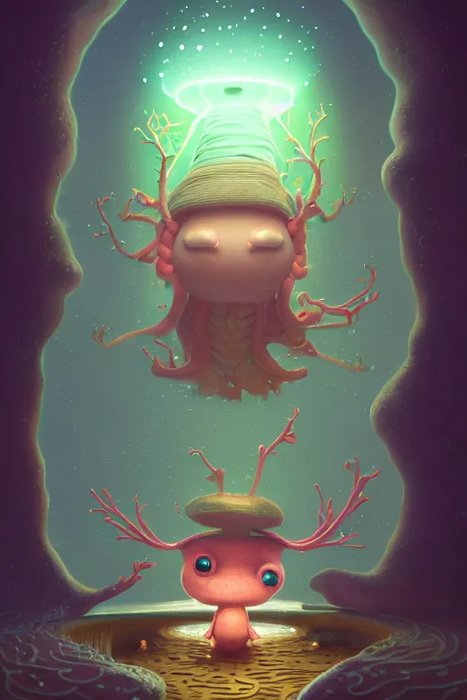 Image similar to ortographic view of Storytime perspective Bioluminescent, portrait of axolotl wearing wizard hat, very intricate , trending on artstation , very elegant, in the golden hour by Daniel Merriam, Trending on Artstation, oil on Canvas by Elena Zhurikhina and Goro Fujita and Charlie Bowater, octane render, 4k, 8k, HD by Jen Bartel and Dan Mumford and Satoshi Kon, gouache illustration, vivid colors