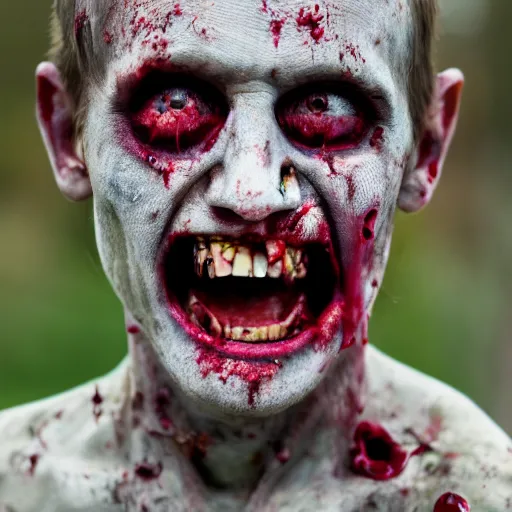 Image similar to real color portrait photo of a zombie smiling