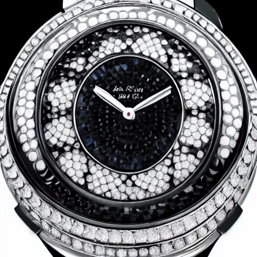 Image similar to van cleef and arpels wristwatch studded with rubies and topaz on a carbon fiber black background detailed watch hands javanese numerals, photorealistic photograph human skin wrist band