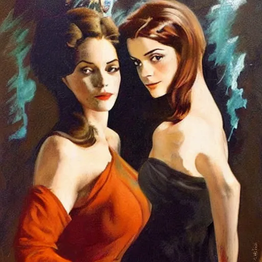 Image similar to frank frazetta painting of christina hendricks and emma watson