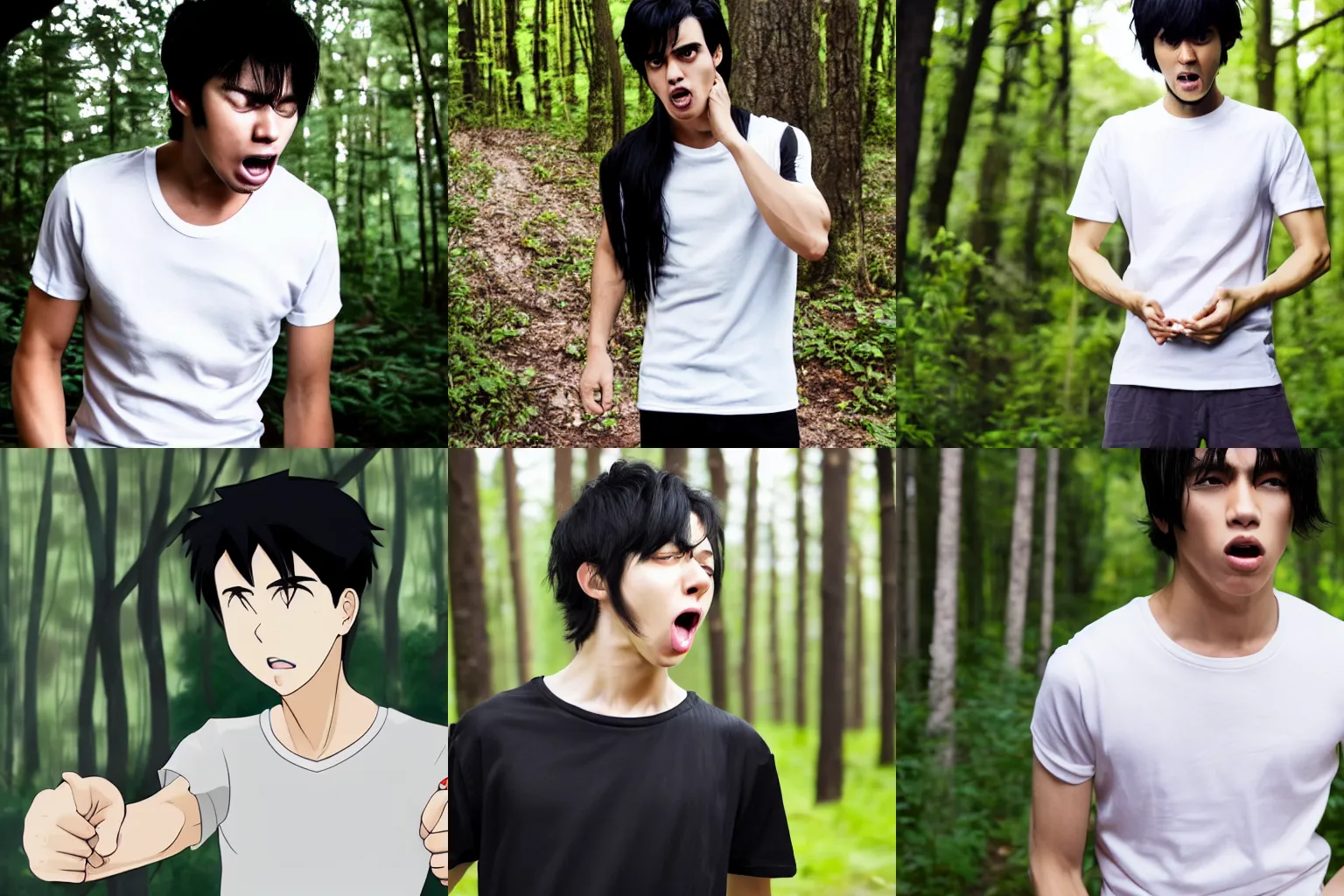 Prompt: A silky black hair young man wearing a white t-shirt and black pants in the woods, close up of the upper body, having an expresion of confusion mixed with anger, anime style