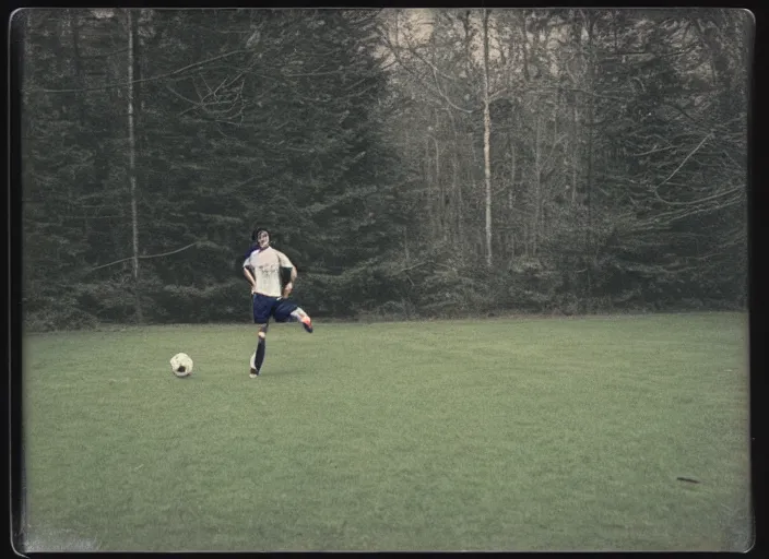 Image similar to medium shot, mikel arteta playing soccer in woods, polaroid photo, vintage, neutral colors, by gregory crewdson