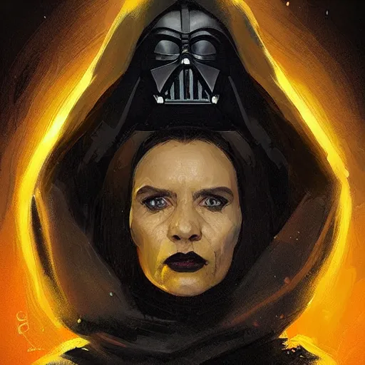 Image similar to portrait of a woman by greg rutkowski, a woman with yellow skin, black lips wearing black robes and a hodd, evil energy, star wars expanded universe, she is about 6 0 years old, highly detailed portrait, digital painting, artstation, concept art, smooth, sharp foccus ilustration, artstation hq