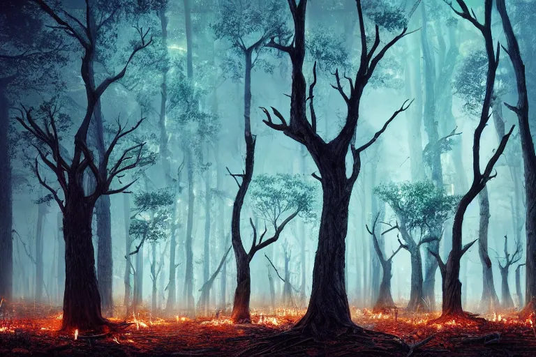 Prompt: the dead trees waited to be ignited by the smallest spark and seek their revenge. photo - realistic hd, hyperrealism, colourful, highly detailed, cinematic, luminescence, 3 2 k, dop, high contrast, intricate, mystery, epic, fantasy